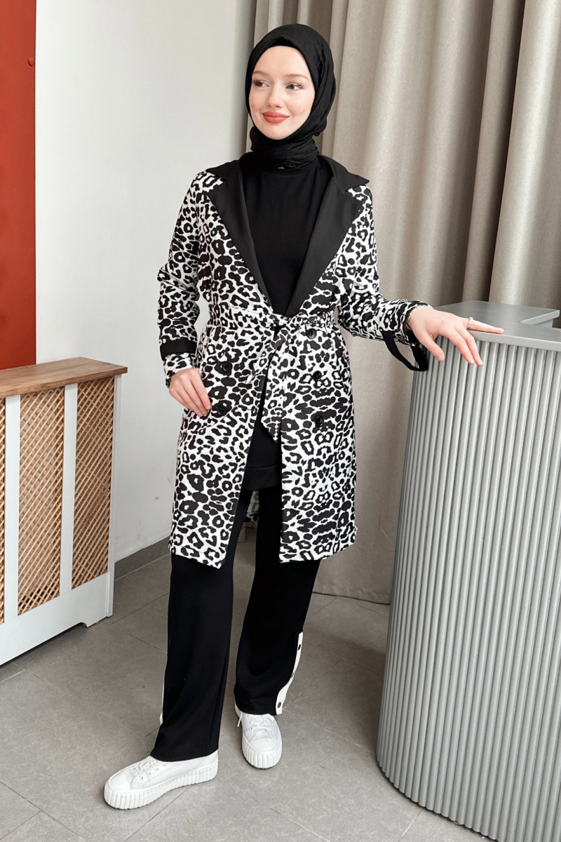 Pall Siyah Leopar Desen Trençkot