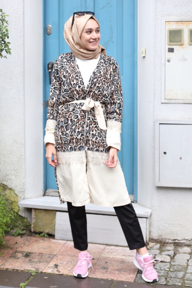 Rapsodi Krem Leopars Kimono