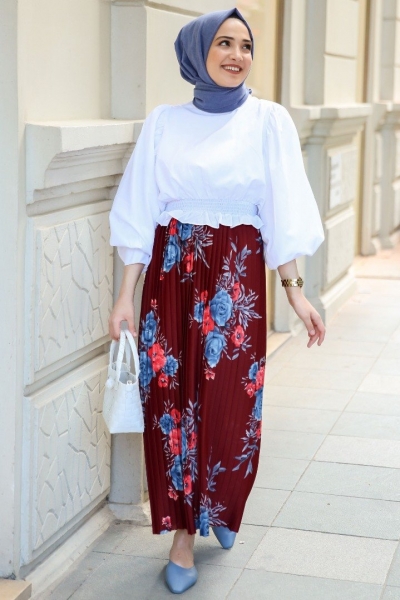Ren Bordo Çiçekli Etek