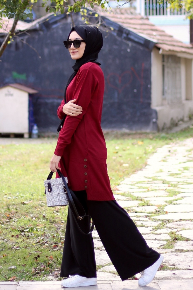Sesilya Bordo Tunik Pantolon Kombin