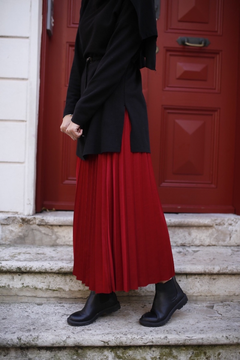 Shines Kırmızı Etek Tunik Kombin