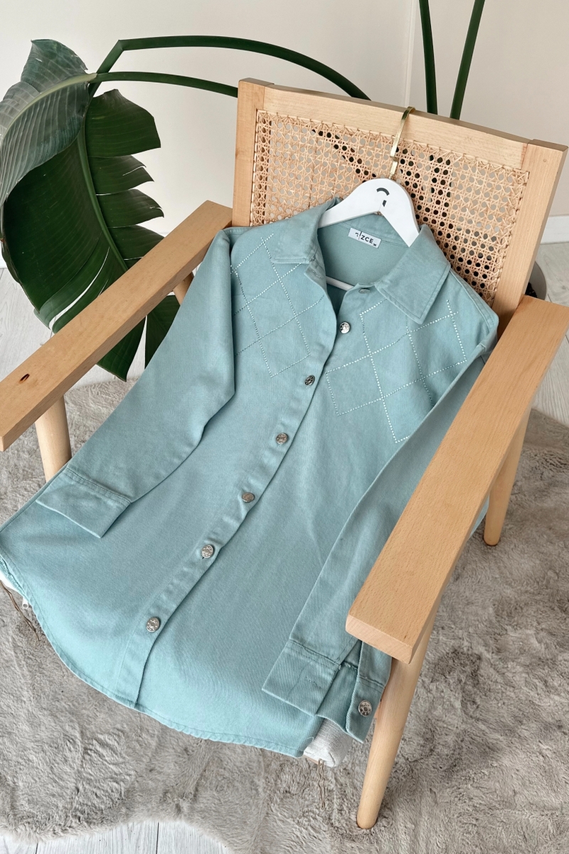 Sidelya Turkuaz Taşlı Gabardin Gömlek