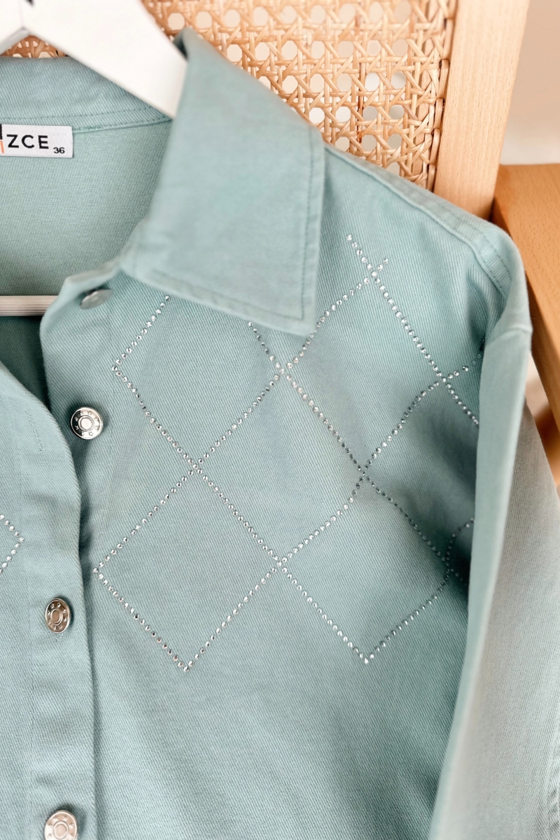 Sidelya Turkuaz Taşlı Gabardin Gömlek