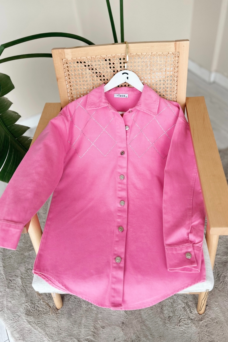 Sidelya Pembe Taşlı Gabardin Gömlek