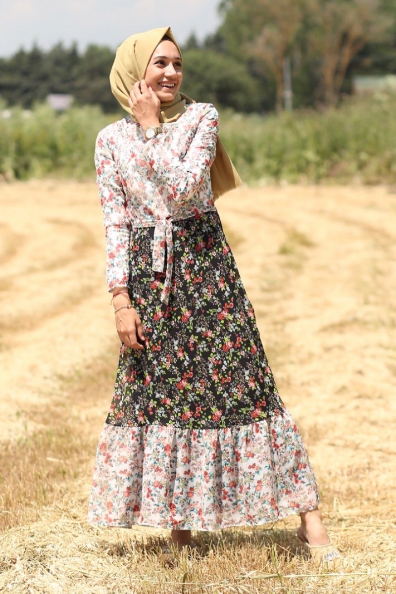 Çalıkuşu Beyaz Siyah Elbise