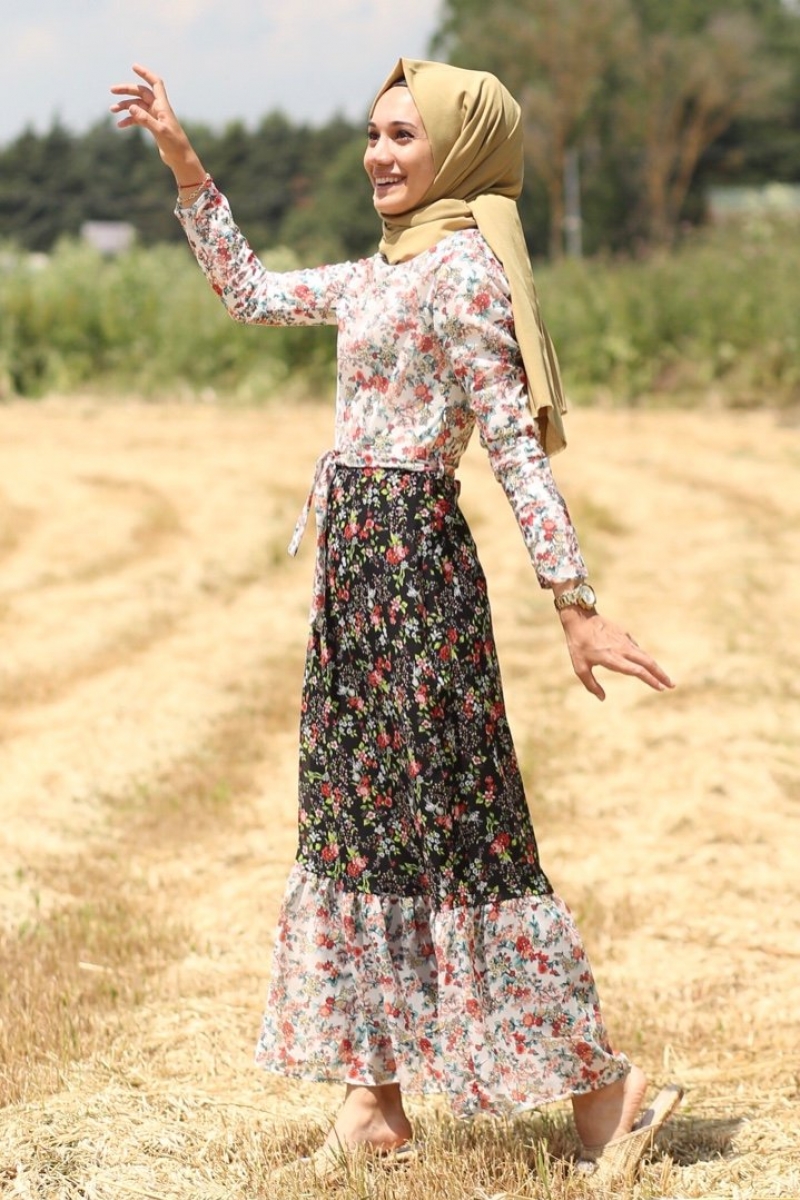 Çalıkuşu Beyaz Siyah Elbise