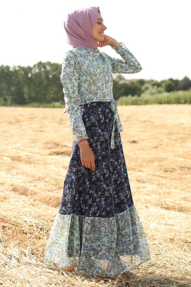 Çalıkuşu Lacivert Beyaz Elbise