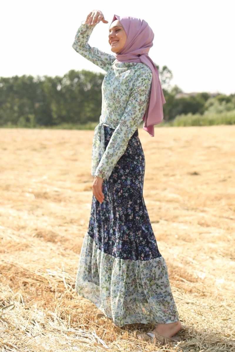 Çalıkuşu Lacivert Beyaz Elbise