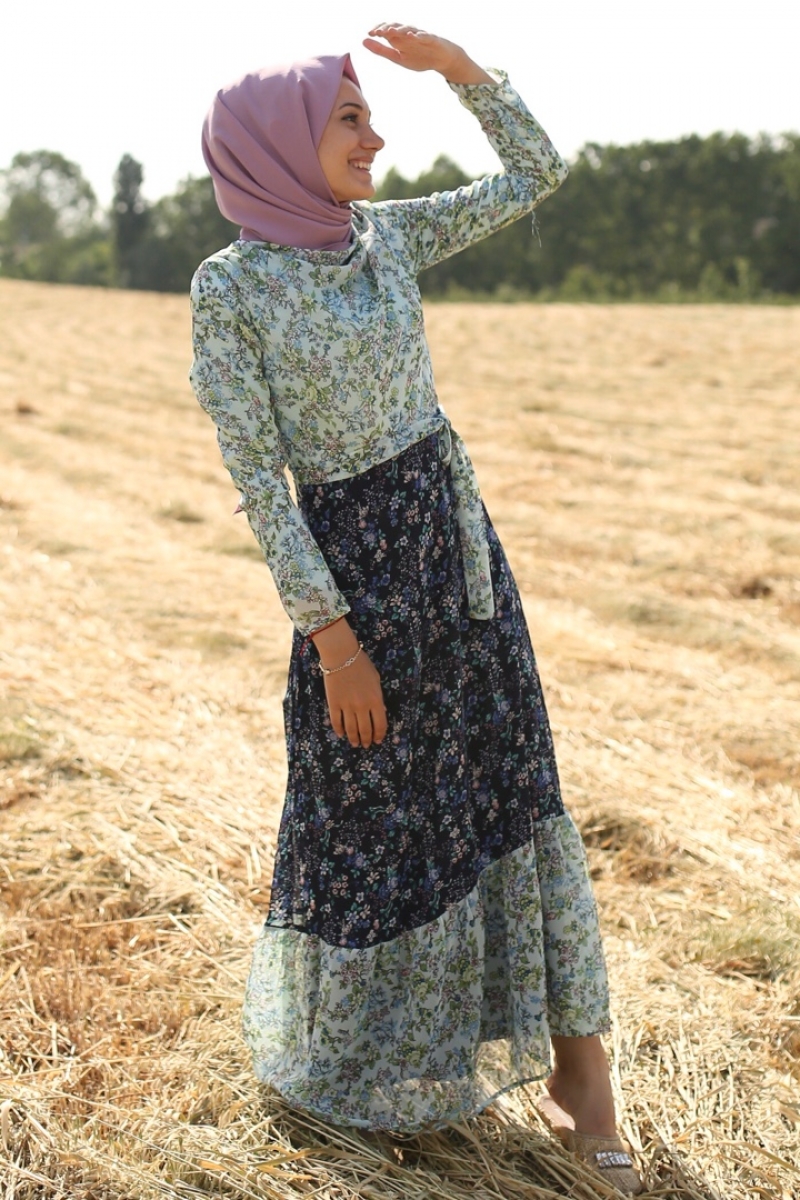 Çalıkuşu Lacivert Beyaz Elbise