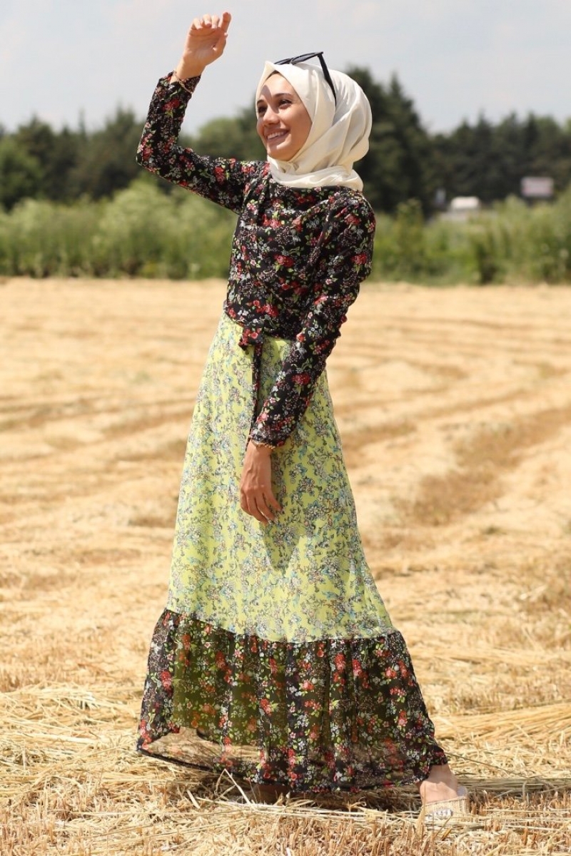 Çalıkuşu Siyah Yeşil Elbise