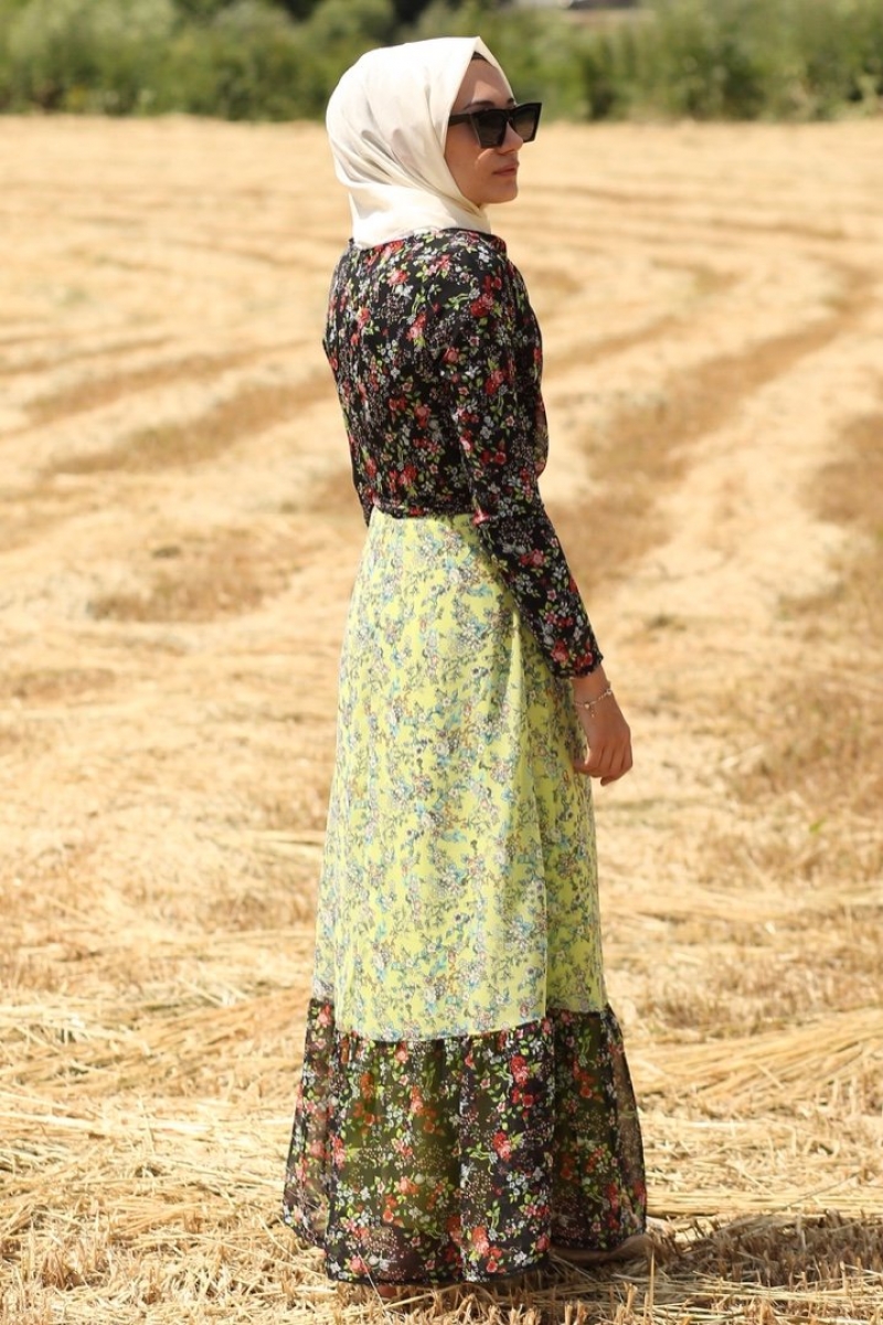 Çalıkuşu Siyah Yeşil Elbise