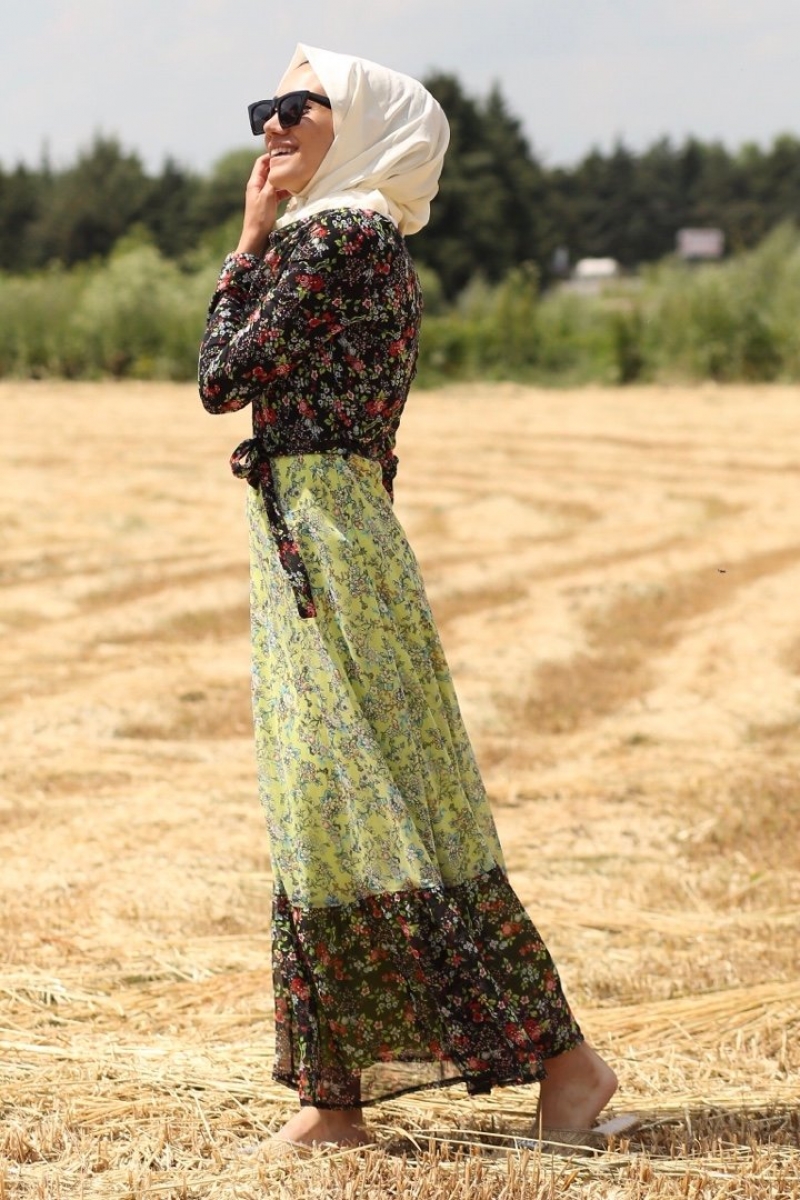 Çalıkuşu Siyah Yeşil Elbise