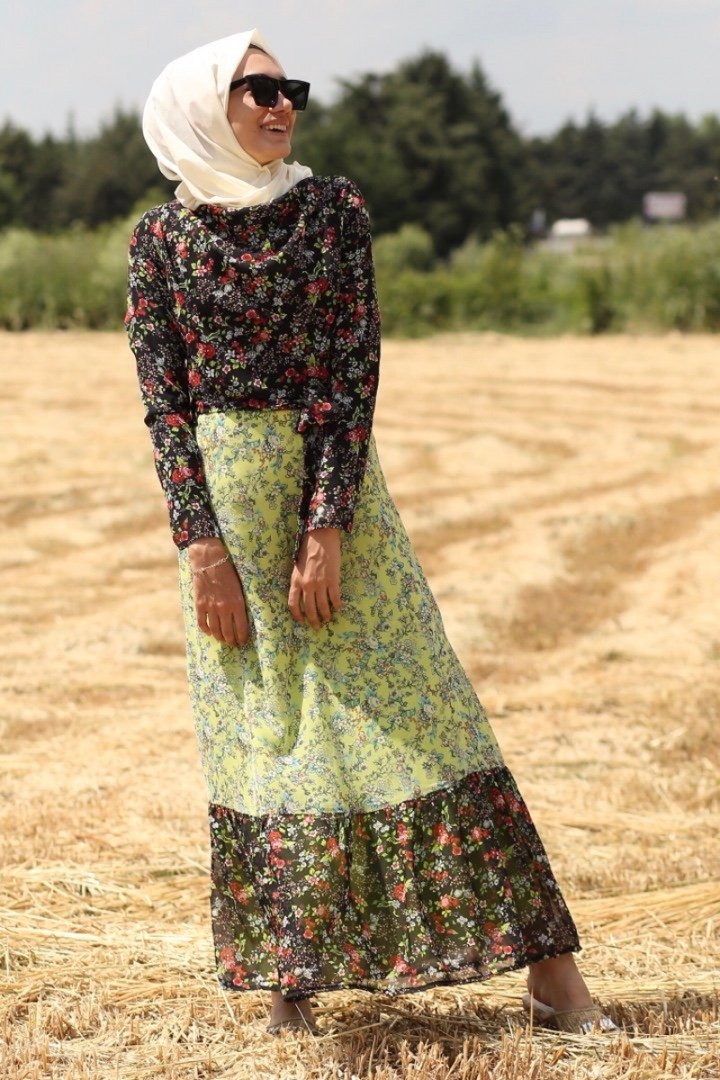 Çalıkuşu Siyah Yeşil Elbise