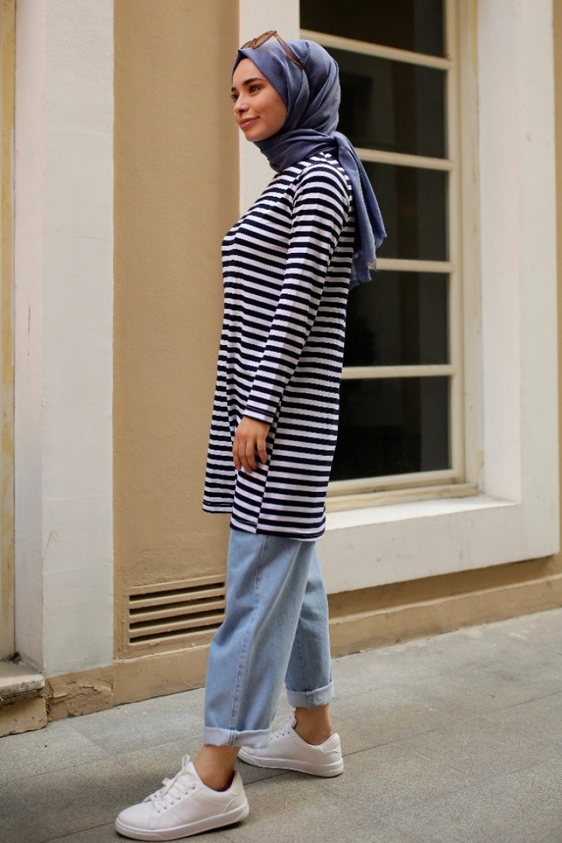 Bryn Lacivert Çizgili Tunik