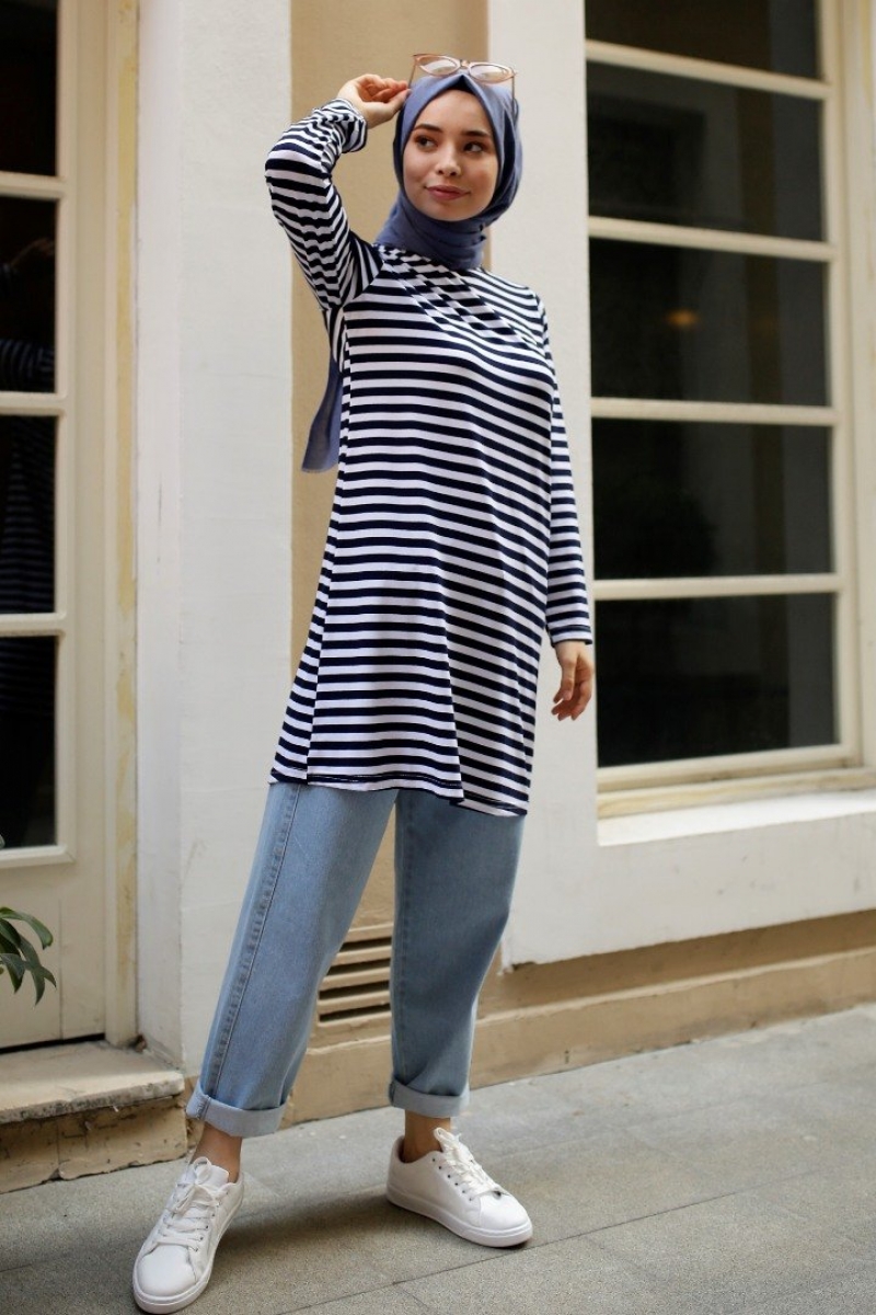 Bryn Lacivert Çizgili Tunik