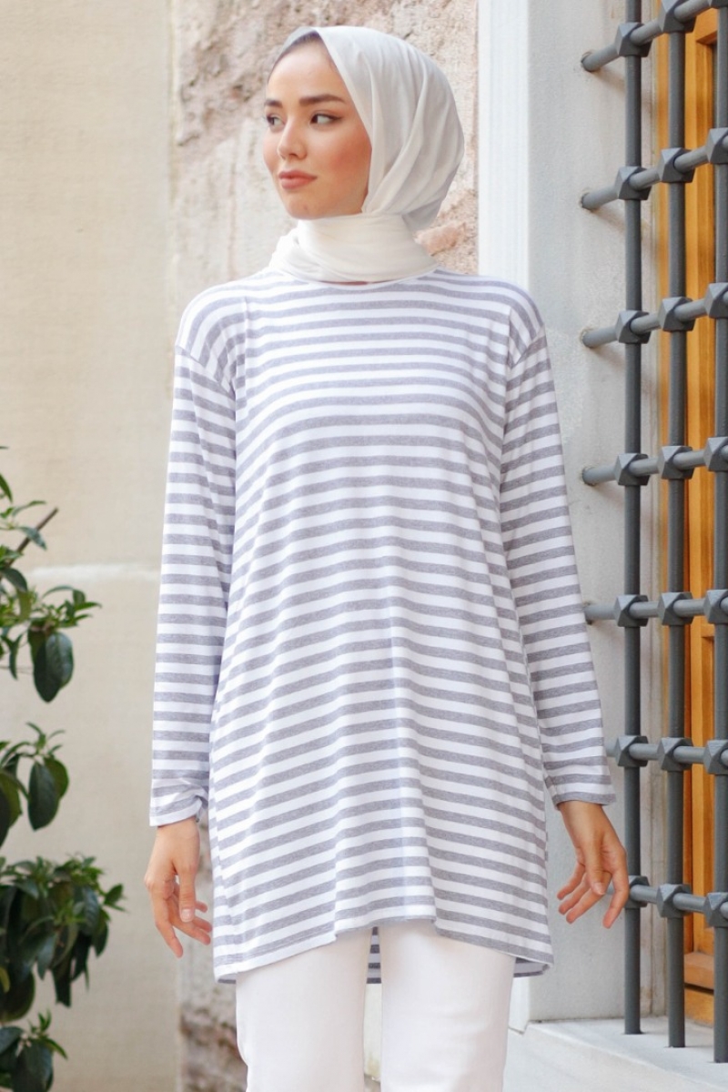 Bryn Gri Çizgili Tunik
