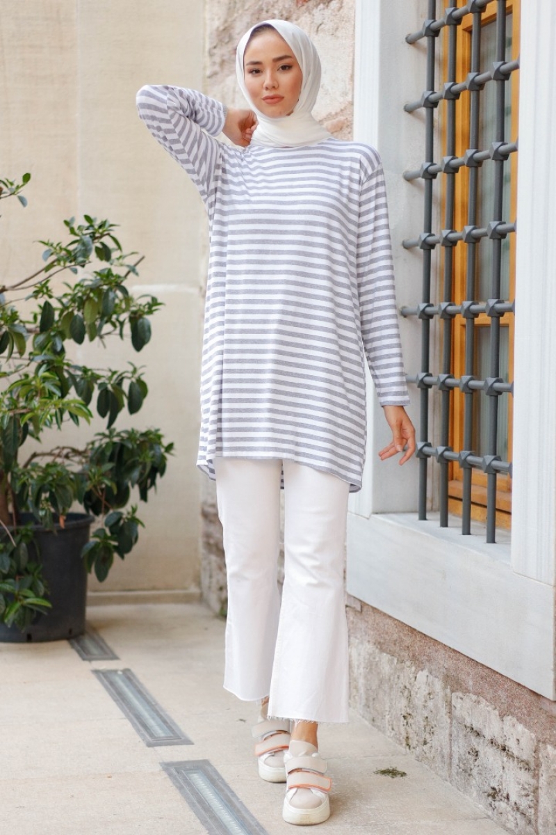 Bryn Gri Çizgili Tunik