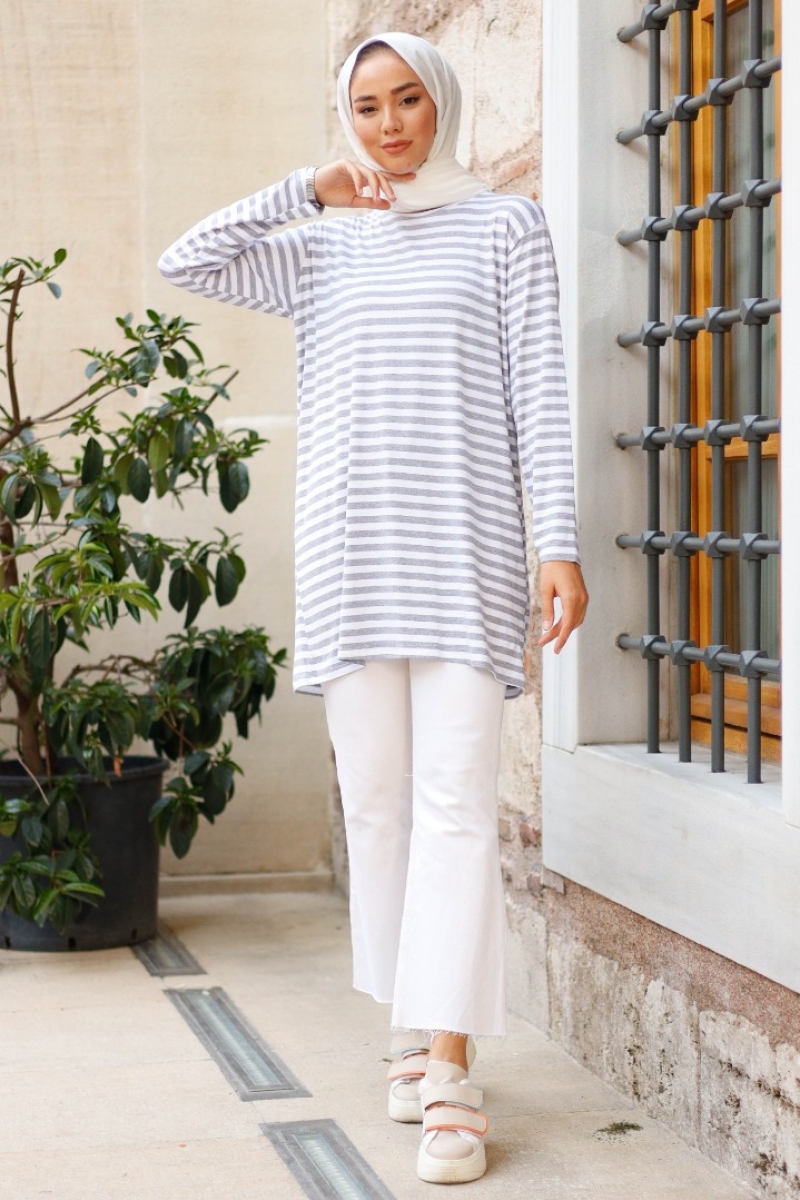Bryn Gri Çizgili Tunik