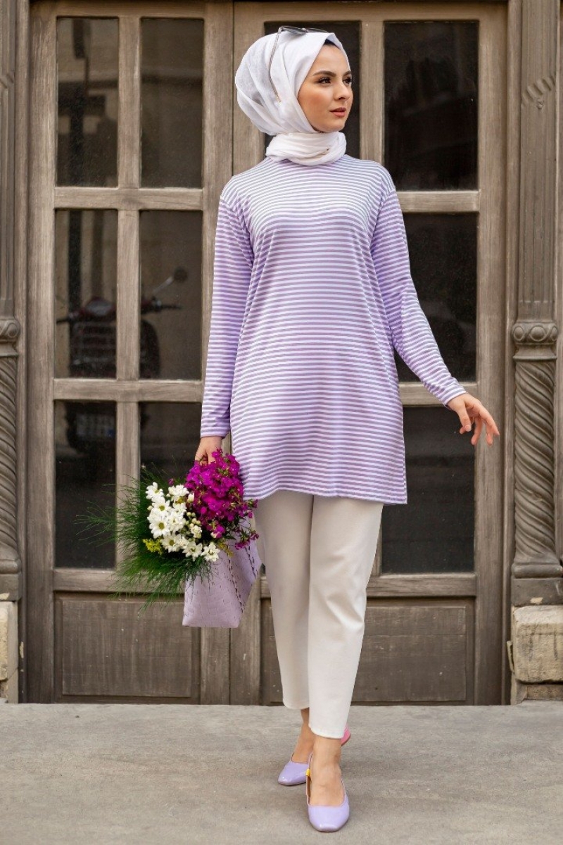 Bryn Lila Çizgili Tunik