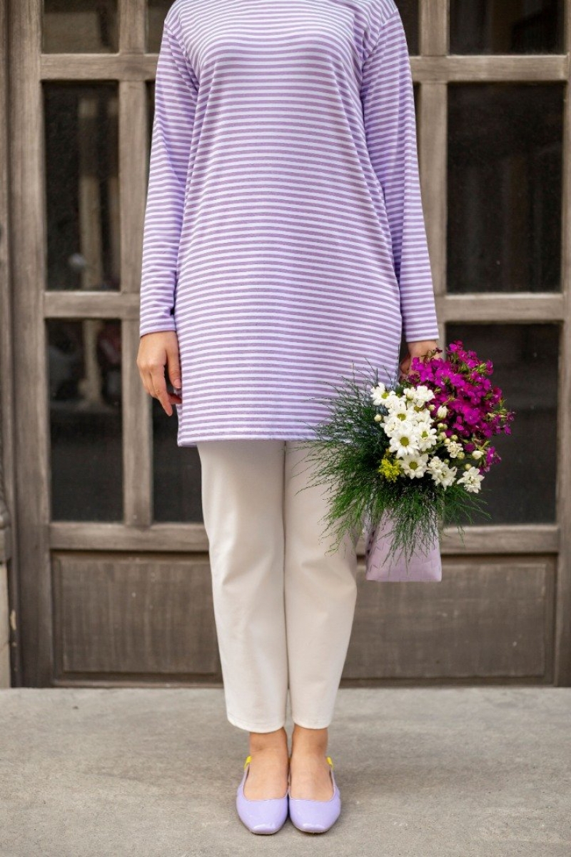 Bryn Lila Çizgili Tunik